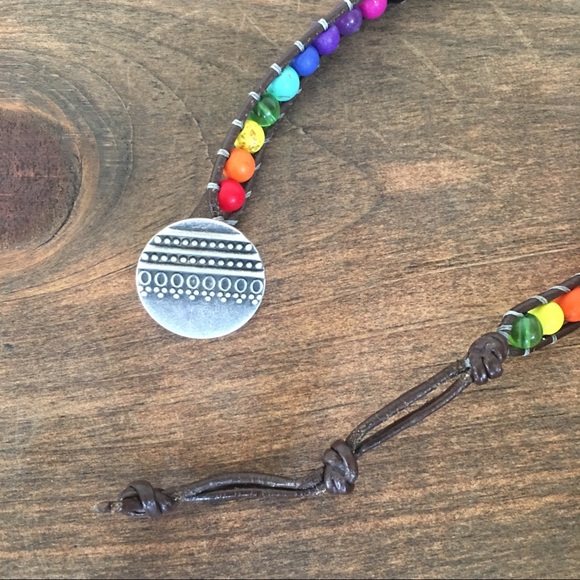 Boho Rainbow Gemstones Dble Wrap Leather Bracelet - Picture 2 of 4